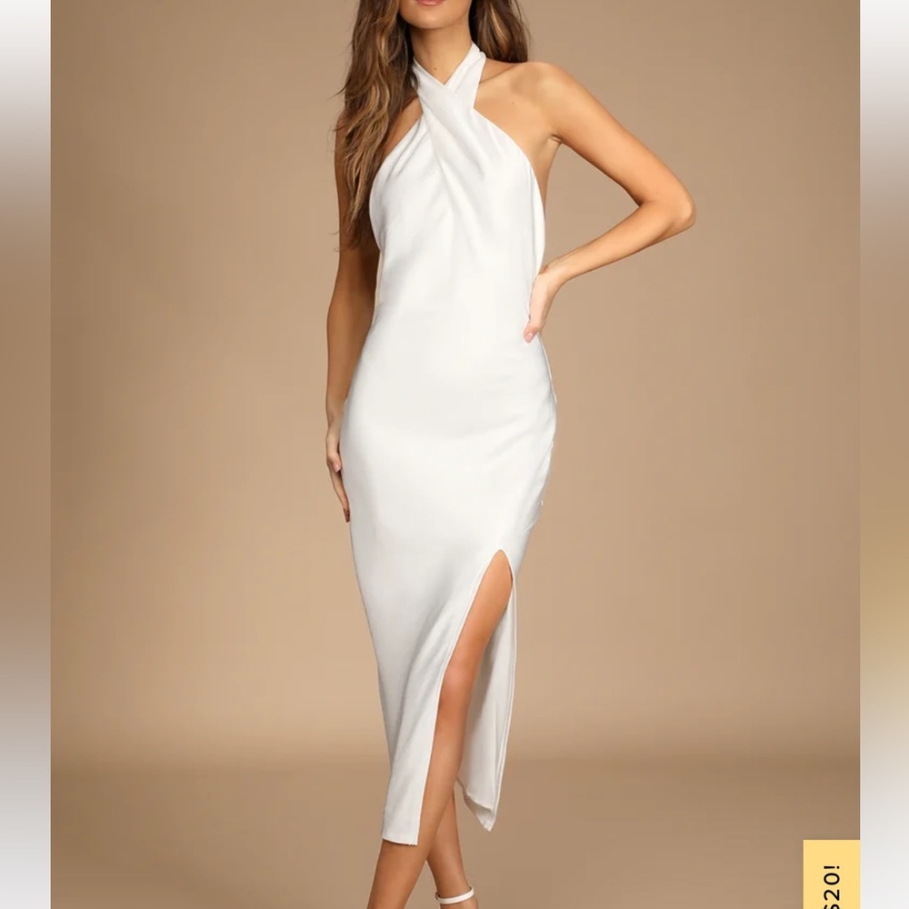 Beyond Classy White Satin Halter Midi Dress